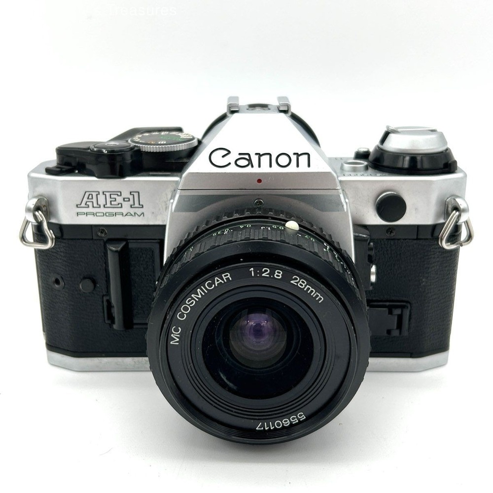 VTG Canon AE-1 Program 35mm SLR Film Camera MC Cosmicar 28mm f/2.8 Lens Untested